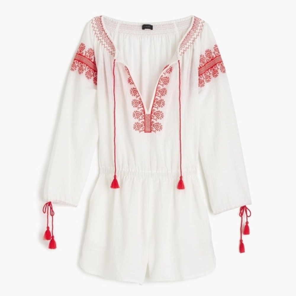 JCrew Womens Linen Blend Embroidered White & Red Tassel Beach Romper Sz S